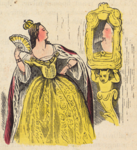 Queen, dressed in yellow gown and ermine-trimmed robes, brandishes a fan and preens in front of a mirror