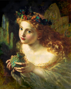 Painting of fairy-like girl wearing garland of butterflies.