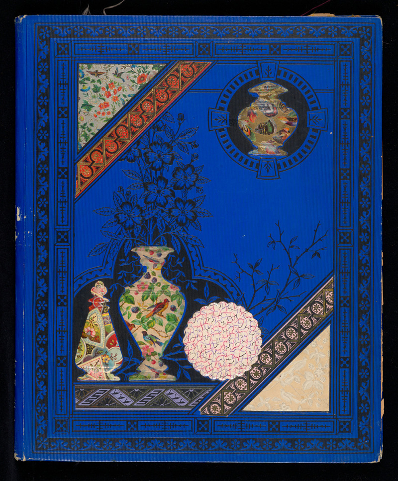 One hundred samples of silks, dress, ribbons in stripes, plaids and flowered. Mounted on paper leaves of a book; cover: cloth, decorated with raised applied ornaments in style of Chinese jars.