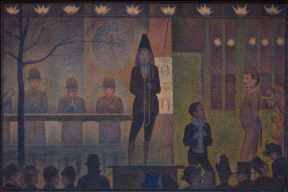 Several circus performers and musicians stand outside a brightly lit circus tent at night. The figures appear still and orderly, painted with tiny dots of color.