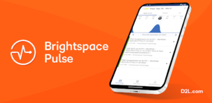 "Brightspace Pulse" with orange background and phone with the app open.