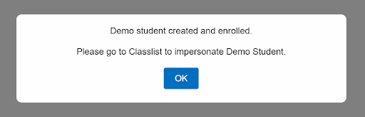 dialog box confirmation of demo student creation