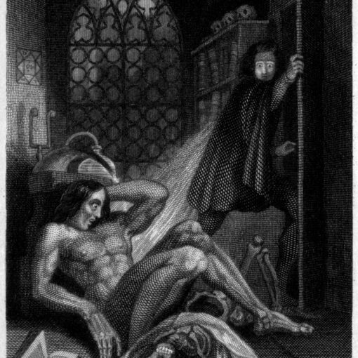 a naked man with big shocked eyes sits on the floor while another man wearing a clock looks back at him as he leaves through an open door