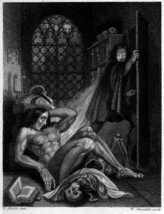 a naked man with big shocked eyes sits on the floor while another man wearing a clock looks back at him as he leaves through an open door