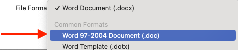 file format options in word's save as dialog with Word 97-2004 Document (.doc) highlighted.