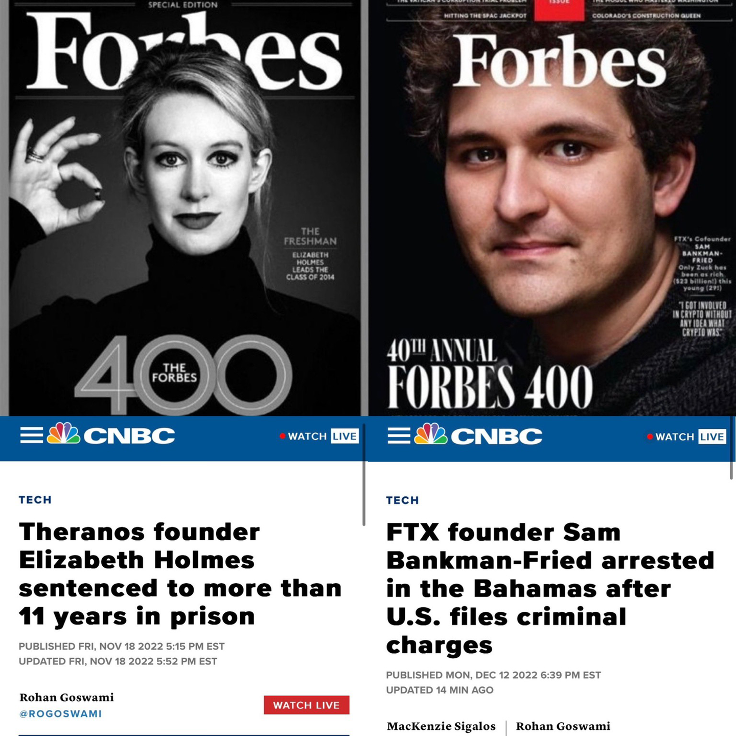 Elizabeth Holmes and Sam Bankman Fried on the Covers of Forbes