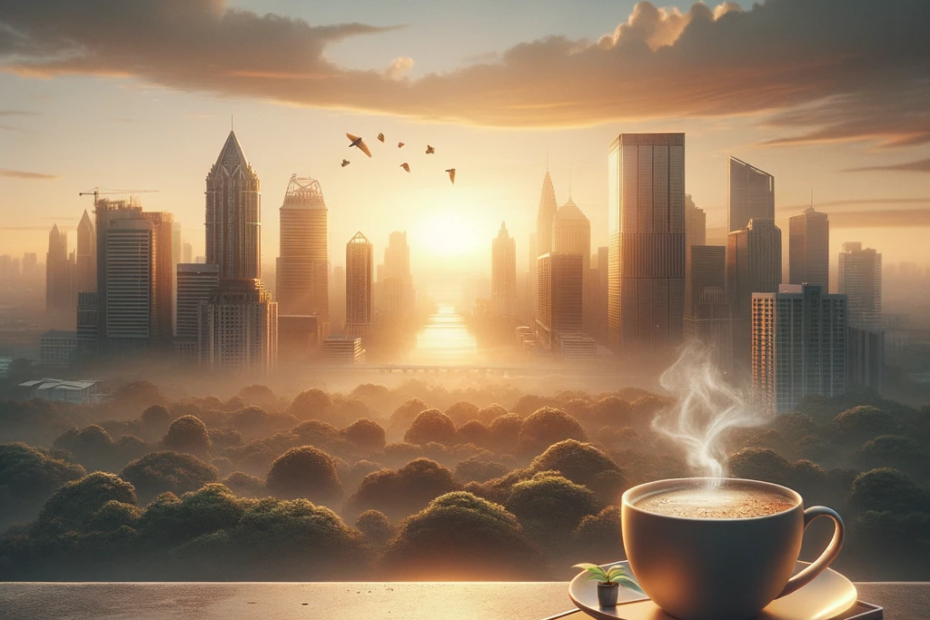 An image of A sunrise over a cityscape, with early rays of light illuminating skyscrapers, birds flying against a golden sky, and a cup of steaming coffee on a balcony railing. The words "Start Fresh" are elegantly inscribed at the bottom.