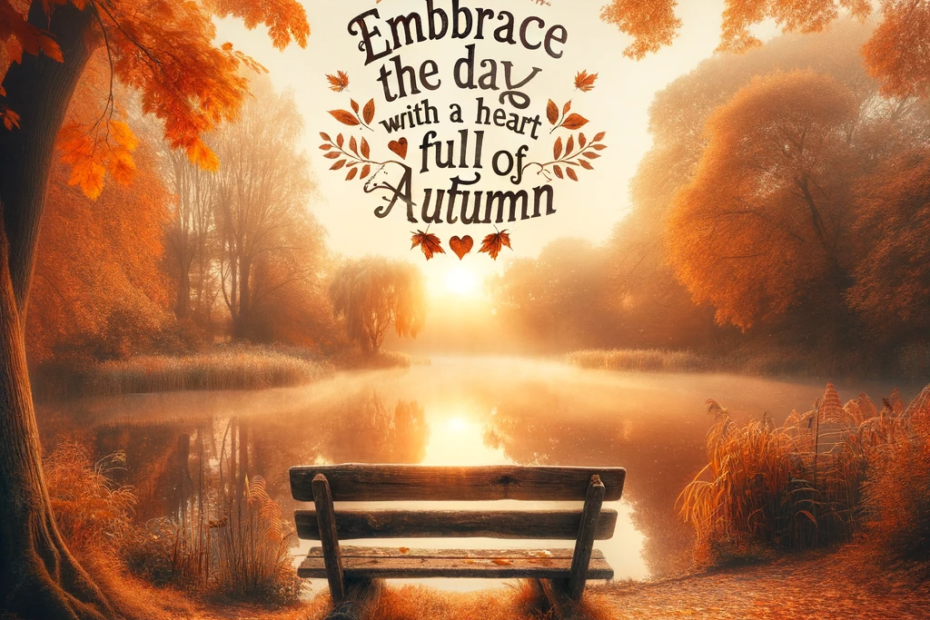 An image created of DALL-E3 of a tranquil fall morning scene, with golden-orange leaves gently falling from the trees. A serene lake reflects the warm colors of the foliage. A rustic wooden bench sits by the lake, inviting reflection. In the sky, written as if by the clouds themselves, is the inspirational saying 'Embrace the day with a heart full of autumn'. The sun is rising in the background, casting a soft, warm glow over the entire scene, and a light mist hovers over the lake, adding to the magical atmosphere of the morning.