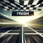"A perspective view of a racetrack with the finish line in the distance, marked by a bold, black and white checkered banner. The surroundings are blurred, emphasizing speed and focus towards the finish line under a clear sky."