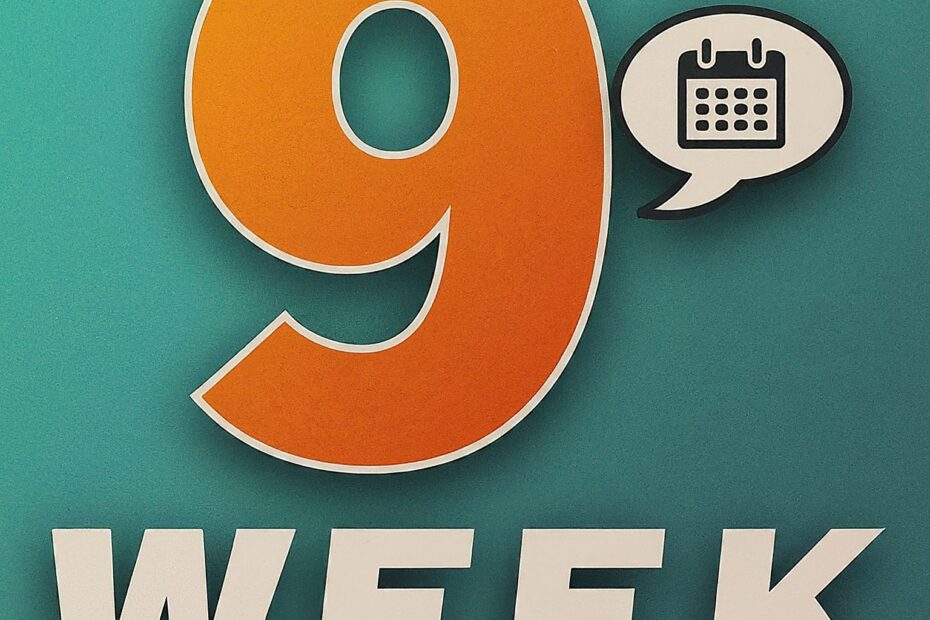 Alt text for the week 9 announcement graphic (bold and modern style): Text: Week 9 Announcement. Speech bubble number nine on a teal to orange gradient background. Calendar icon for week.