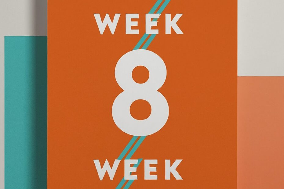 "Week 8 announcement in bold, modern design. White text 'Week 8' in a geometric font on a bright orange background. A diagonal blue stripe accents the design."