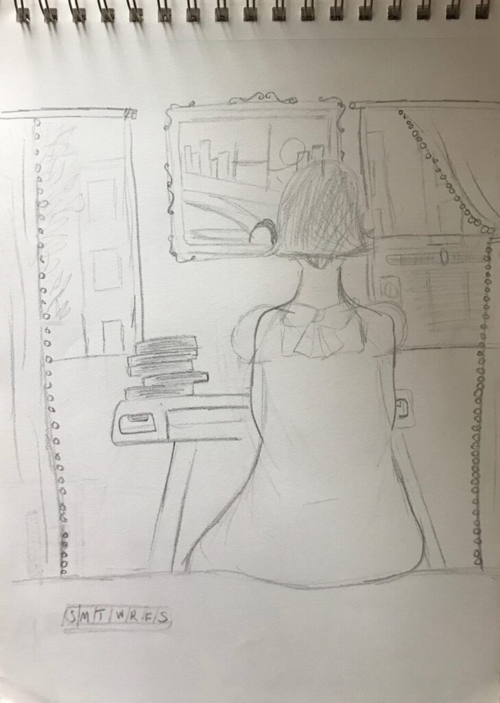 My piece was inspired by Vashti Harrison, Escape, (April 2020. Soft pastel
on paper. 9 x 12 inches.) 
Like her, I found myself reading a lot, holed up in my apartment, during the early and most uncertain days of quarantine. I'm grateful to have had my daughter, my fiance, and my books. Unlike Vashti, I didn't really find myself longing for green space of my own, but did find a spot in Brooklyn Bridge Park that always seemed to be empty just for me. I used a sketch pad for this piece,and just manual No.2 pencil. I didn't use any color, as I found myself extremely depressed during this time, just beginning an anti depressant and anxiety rx regime, sobriety and quitting smoking after 19 years. During this period in particular, everything was grey. 
