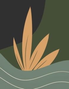 Detail from landscape, featuring wavy green water and saffron leaf