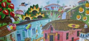 Painting of fantastical town with pink house in foreground and buildings and sunflowers in background