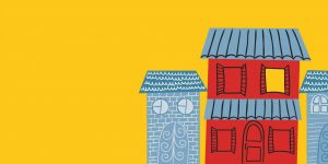 Painting of red and blue house on vivid yellow background