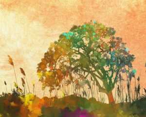 Bright watercolor of autumn trees on golden background