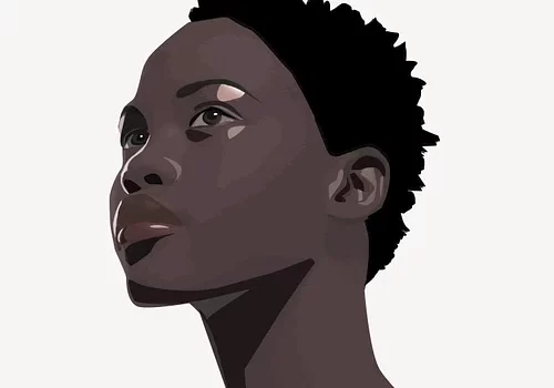 Graphic face of young black woman looking up