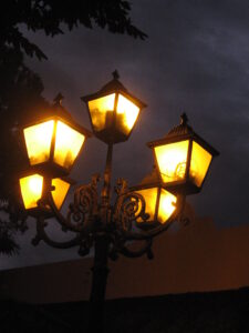 Old-fashioned street lamps at night