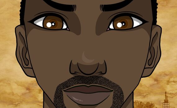 Graphic of young Black man's face with huge eyes and serious expression