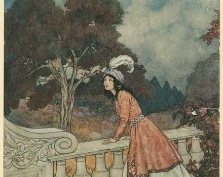 Illustration of distraught girl on a balcony overlooking forest