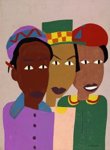 Bright colored painting of three young brown and black women in hats