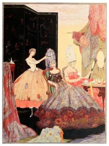 Illustration of Cinderella tending to stepsisters preparing for ball.