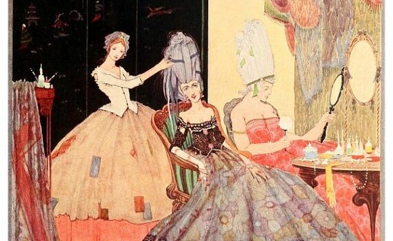 Illustration of Cinderella tending to stepsisters preparing for ball.