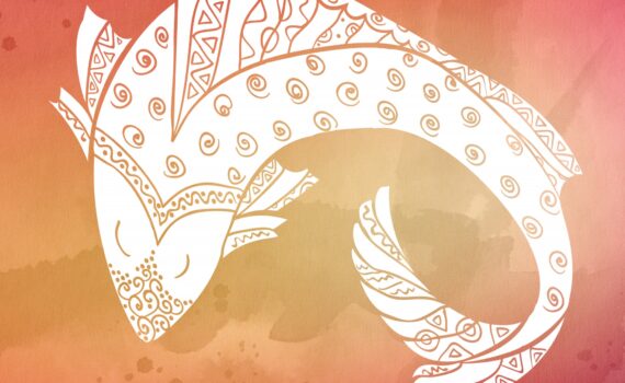 White fish on orange watercolor background