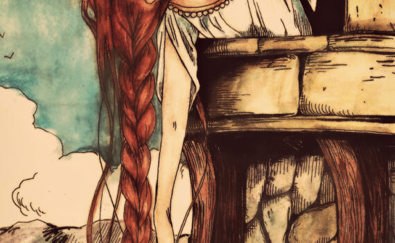 Rapunzel letting her long, red braid down from a tower