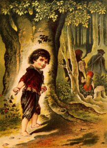 Old-fashioned print of an illuminated Hansel in woods behind his parents and sister.