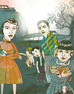 Illustration of characters from story; grandmother with cat, Bailey, wife, children