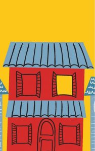 Painting of red and blue house on vivid yellow background