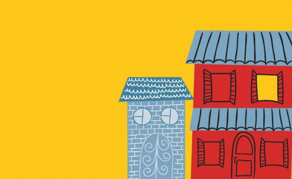 Painting of red and blue house on vivid yellow background