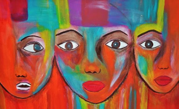 Bright abstract painting of three girls’ faces, two with only one eye