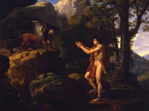 Oedipus and the Sphinx in rocky landscape