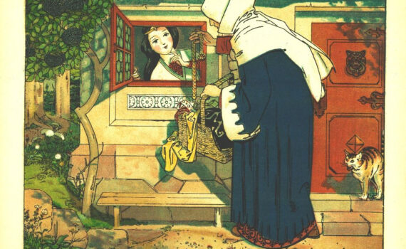 Old woman peddler shows her wares to a dark-haired girl at the window of a cottage