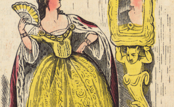 Queen, dressed in yellow gown and ermine-trimmed robes, brandishes a fan and preens in front of a mirror