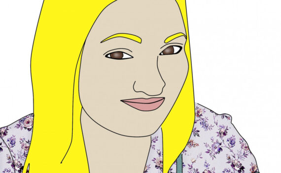 Graphic face of girl with yellow hair and eyebrows.