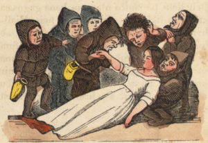 Drawing of unconscious Snow White surrounded by robed dwarfs