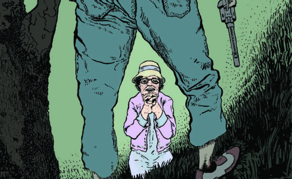 Elderly woman in a ditch pleads for her life to a gun-wielding man, who is viewed from behind, standing above her.