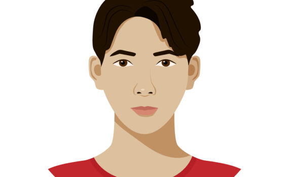Face of serious Asian boy in red shirt
