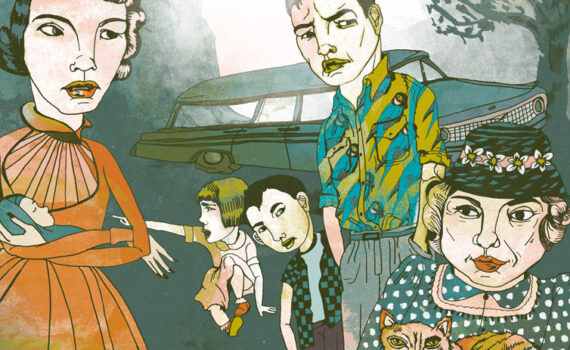 painting of family after car crashes into a ditch