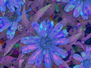 Painting of fantastical blue and violet flowers