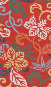 Japanese floral fabric; flowers and leaves on red background