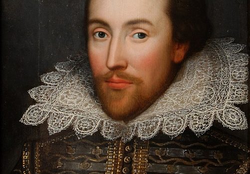 Portrait of rosy-faced Shakespeare in elaborate doublet and high lace collar.