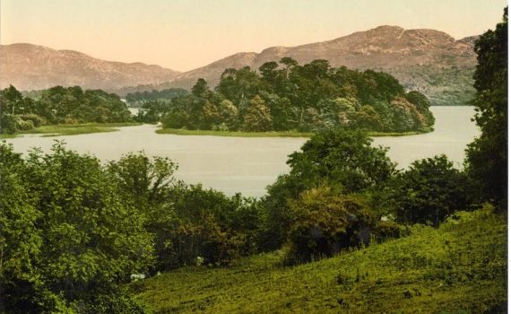 View of Lake Isle of Innisfree with green trees and grass, Sligo, Ireland