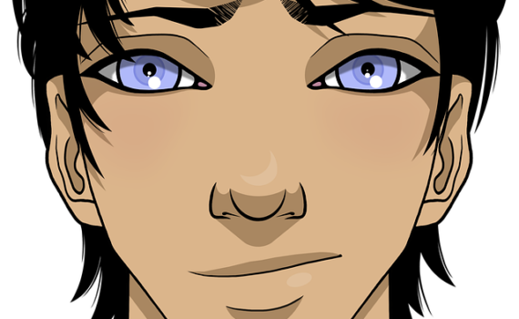 Manga-style face of boy with periwinkle eyes