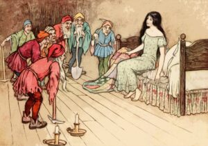 Illustration of Snow White sitting on bed surrounded by dwarfs.