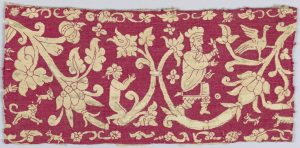 Red and ivory tapestry runner with figures and flowers, 16th-17th Century