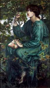 Painting of daydreaming young woman in blue dress on a backdrop of foliage.